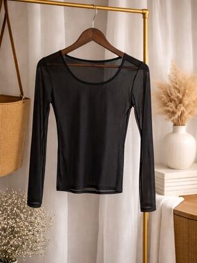 Classic Black Sheer Long-Sleeve Top - Women